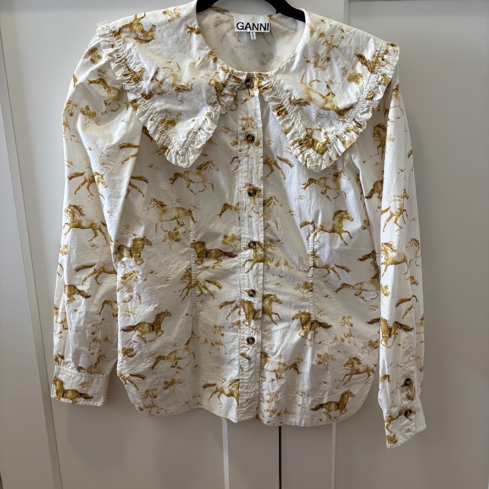 Ganni weston horse print ruffle collar blouse